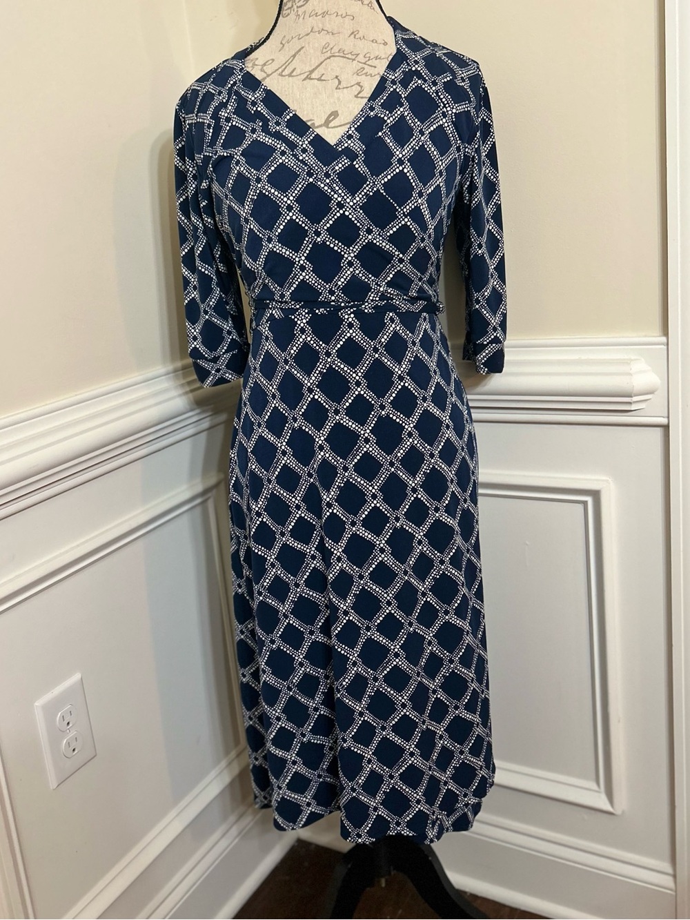 Merona Navy and White Geometric Wrap-Style Midi Dress